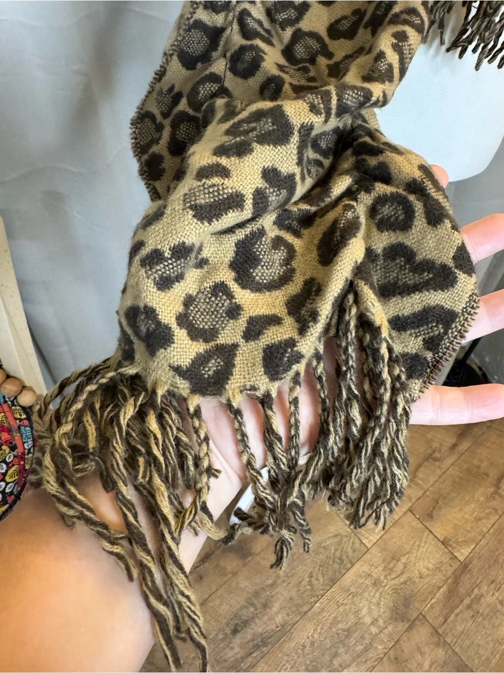 Leopard Print Fringe Knit Scarf in Black and Tan